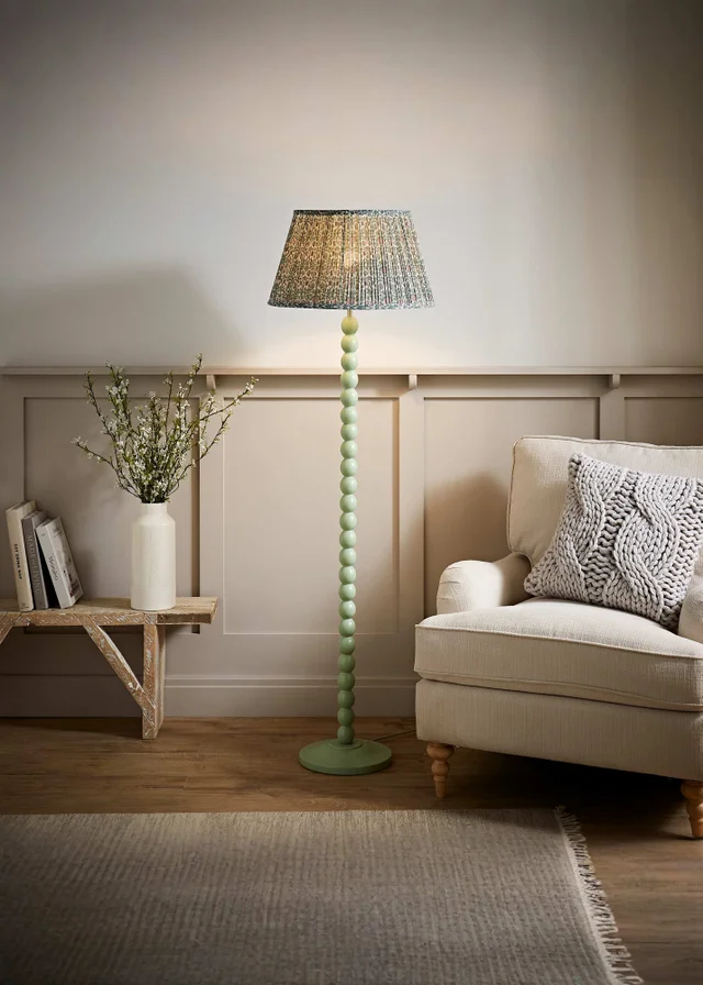 ValueLights Sage Green Bobbin Floor Lamp with Floral Pleated Lampshade