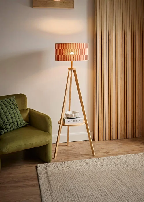 ValueLights Morrigan Natural Floor Lamp with Orange Bamboo Lampshade - One Size Image 1