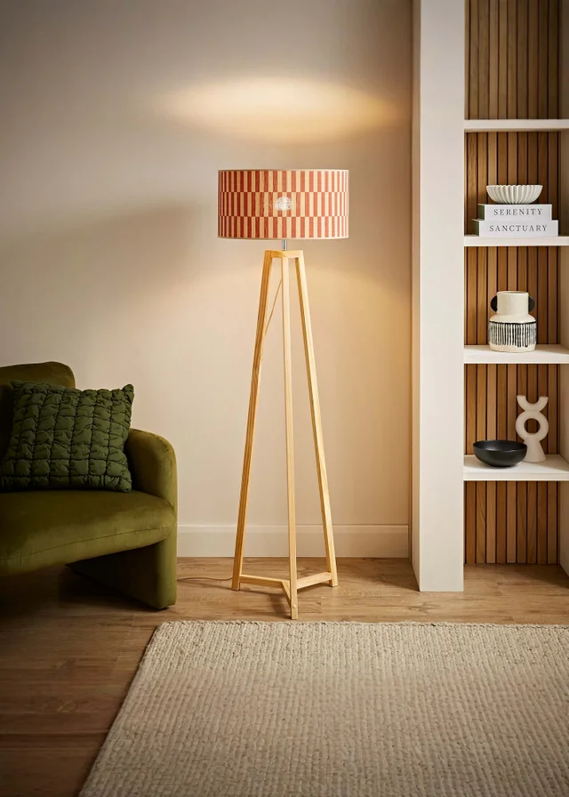 ValueLights Lottie Natural Floor Lamp with Orange Bamboo Lampshade