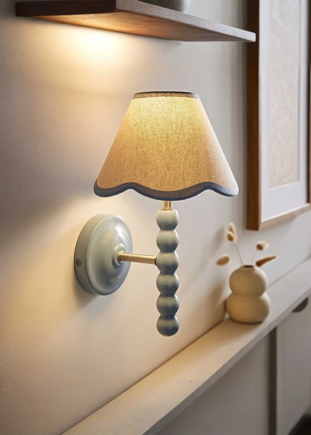 ValueLights Pair of Powder Blue Bobbin Wall Lights with Scallop Lampshades - One Size Image 2