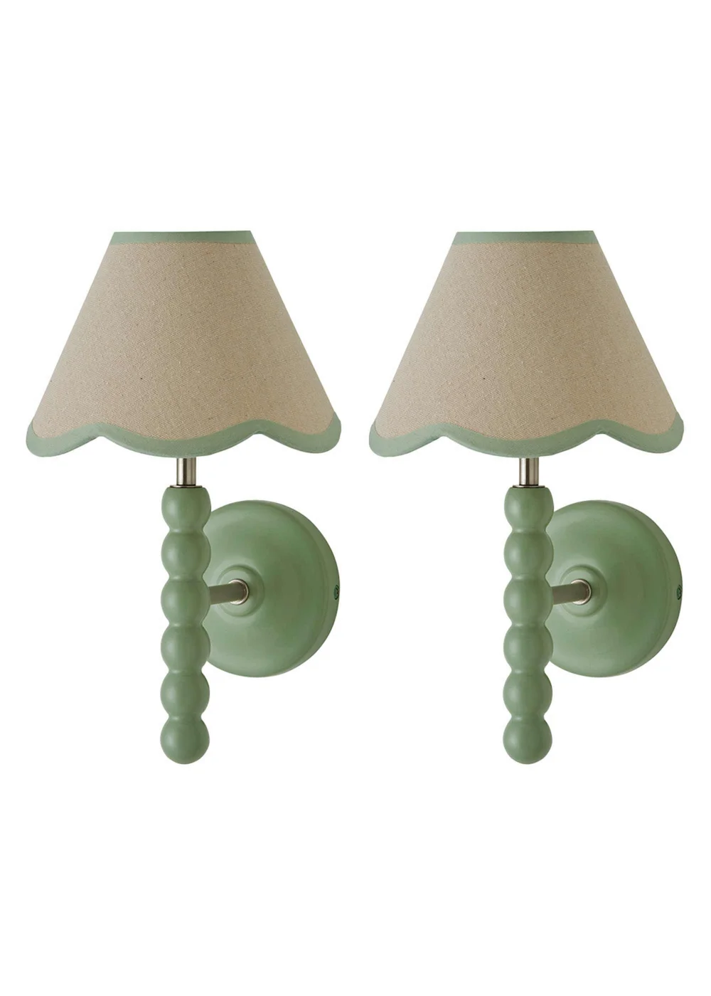 ValueLights Pair of Sage Green Bobbin Wall Lights with Scallop Lampshades - One Size Image 1
