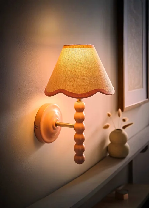 ValueLights Pair of Rose Pink Bobbin Wall Lights with Scallop Lampshades - One Size Image 3