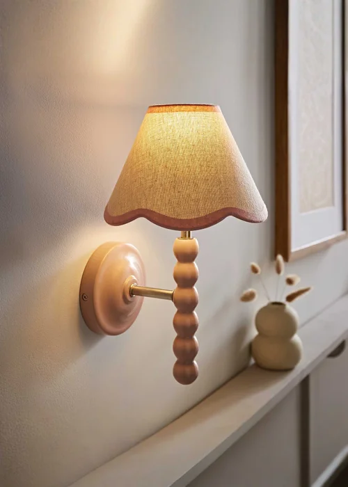 ValueLights Pair of Rose Pink Bobbin Wall Lights with Scallop Lampshades - One Size Image 2