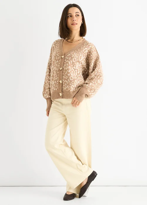 Gini London Camel Animal Print Wool Mix Cardigan Look Jumper - M/L Image 4