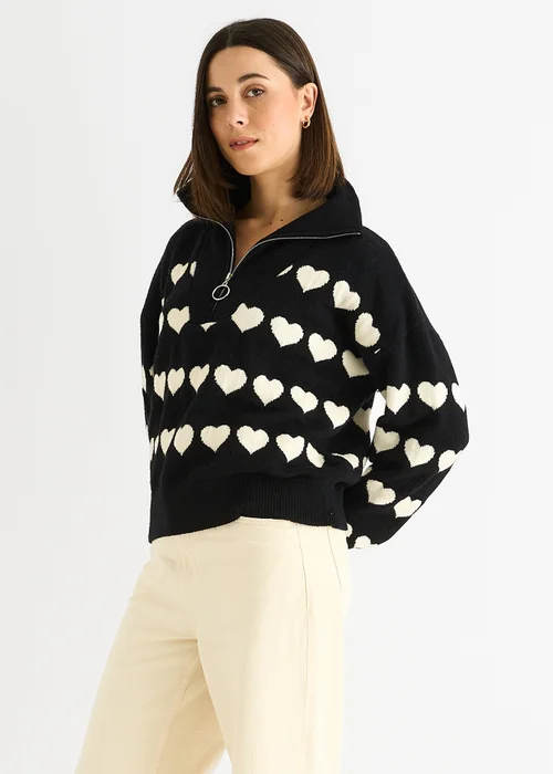 Gini London Black Heart Zip Up Loose Fit Knit Jumper - Small/Medium Image 3