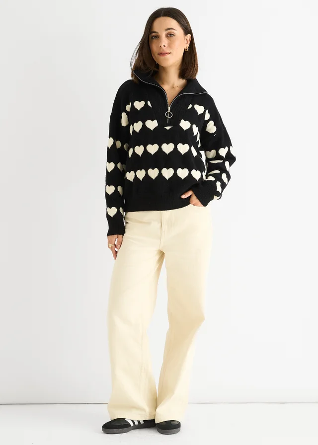 Gini London Black Heart Zip Up Loose Fit Knit Jumper