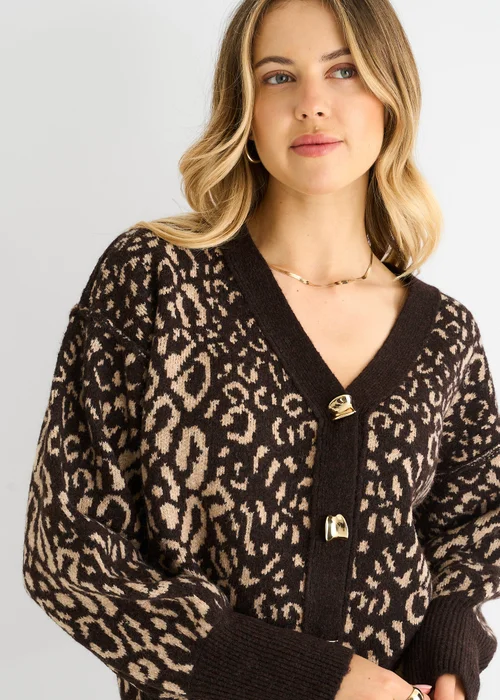 Gini London Chocolate Animal Print Wool Mix Cardigan Look Jumper - M/L Image 4