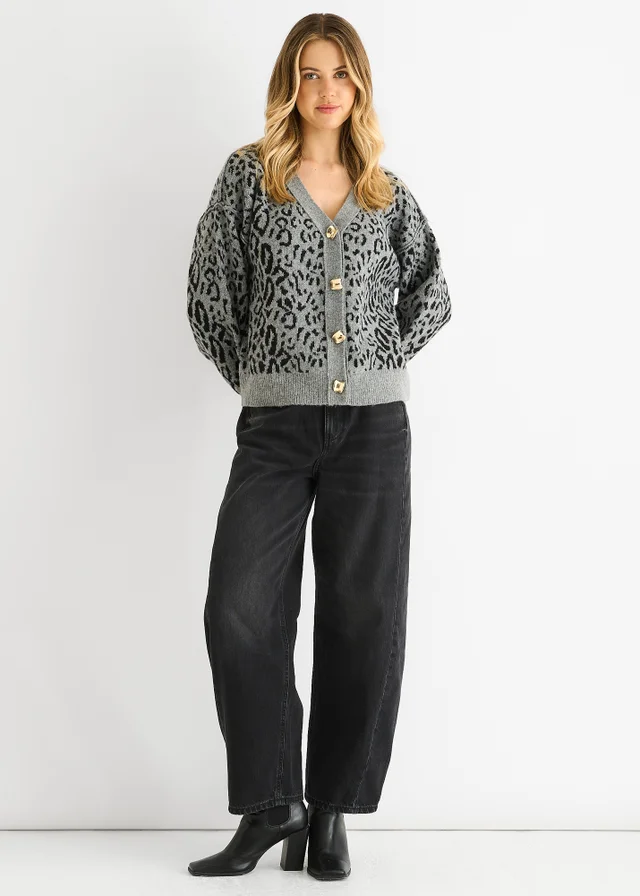 Gini London Grey Animal Print Wool Mix Cardigan Look Jumper