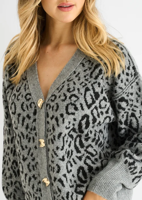 Gini London Grey Animal Print Wool Mix Cardigan Look Jumper - L/XL Image 3