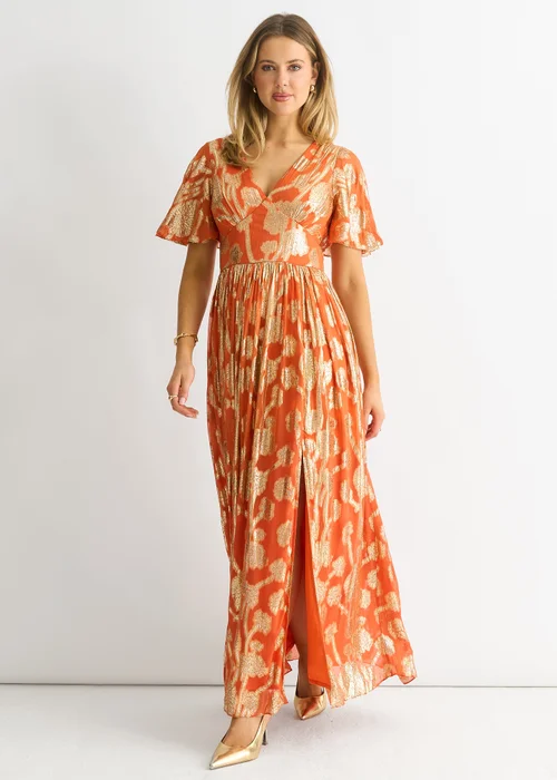 Gini London Orange Metallic Jacquard Flutter Sleeves Floral Maxi Dress - 10 Image 1