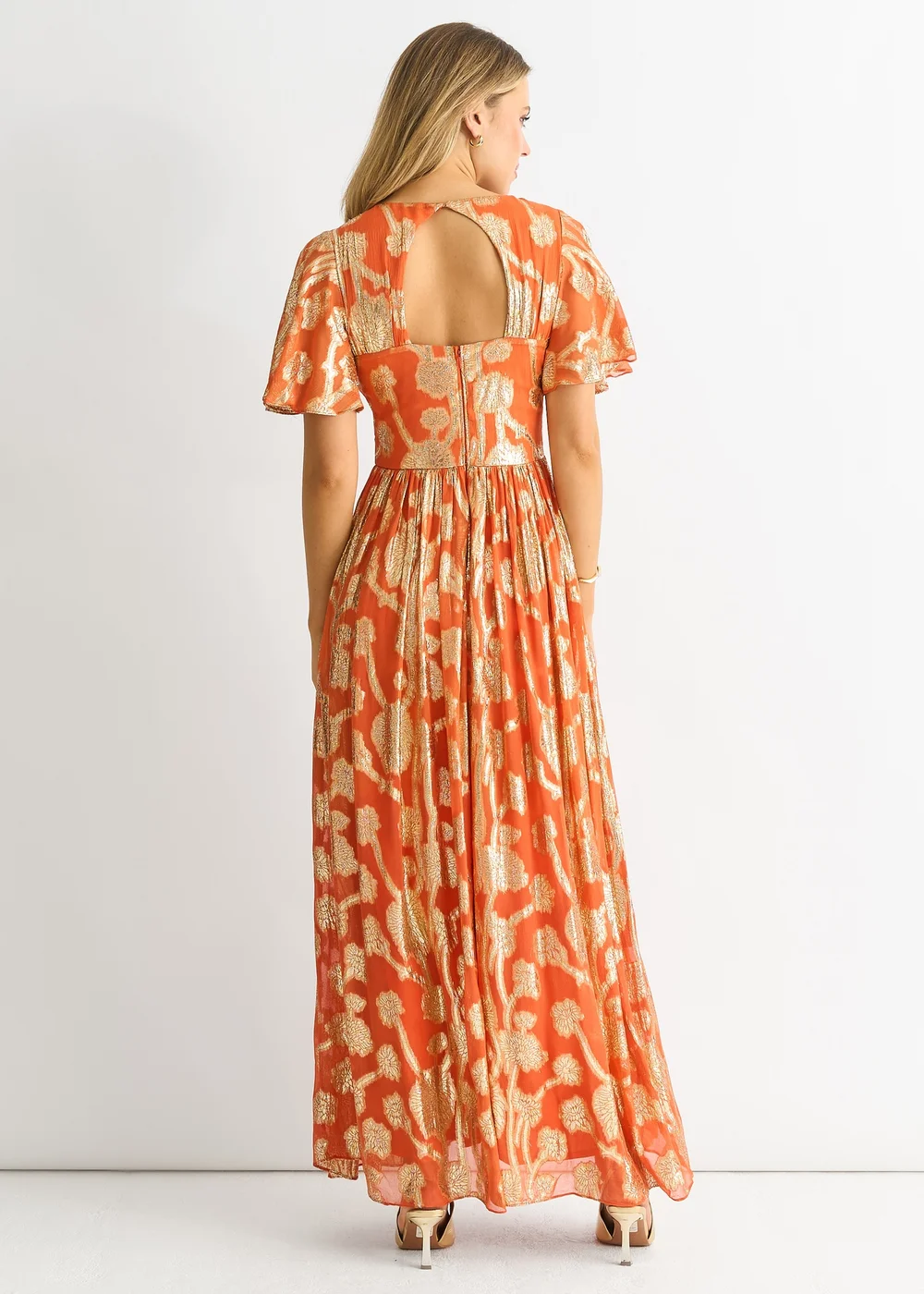 Gini London Orange Metallic Jacquard Flutter Sleeves Floral Maxi Dress - 10 Image 2