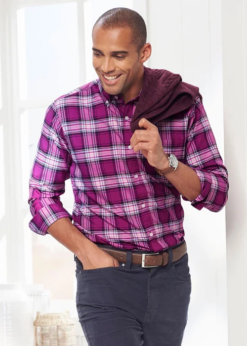 Cotton Traders Bright Plum Long Sleeve Easy Iron Check Shirt - Medium Image 1