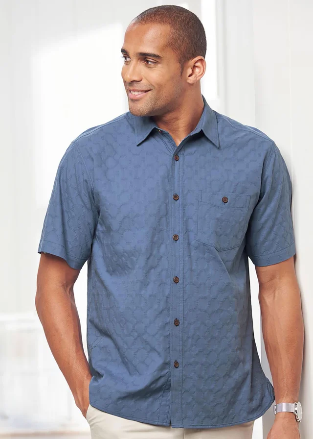 Cotton Traders Misty Blue Short Sleeve Casual Cotton Textured Shirt