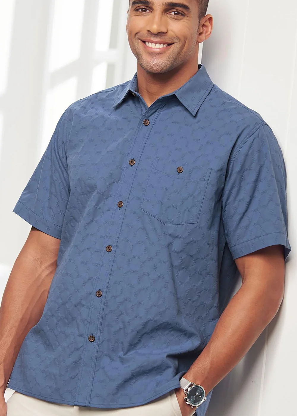 Cotton Traders Misty Blue Short Sleeve Casual Cotton Textured Shirt - 3XL Image 1