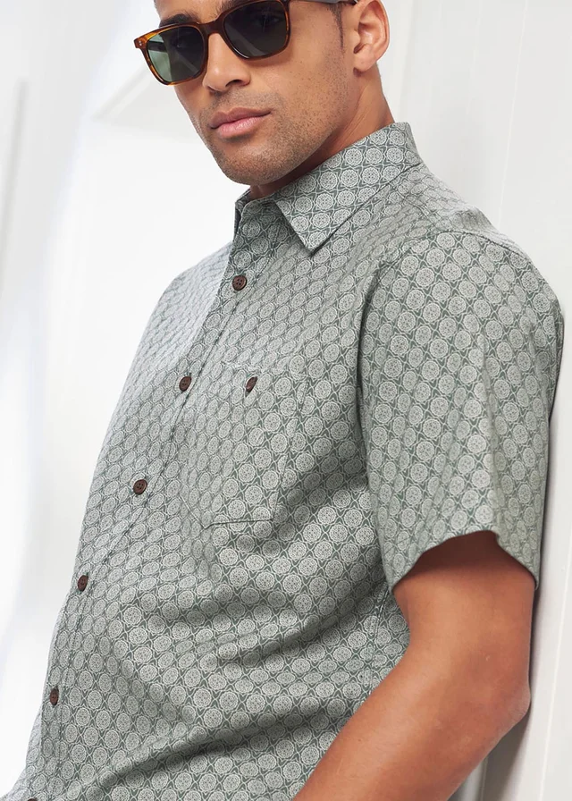 Cotton Traders Steel Green Short Sleeve Casual Cotton Print Shirt