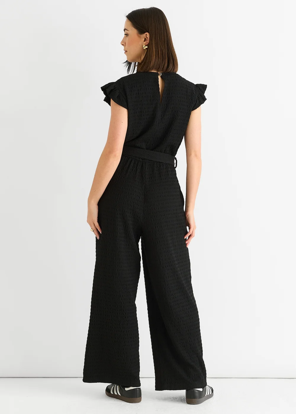 Gini London Black Stretch Texture Frill Elasticated Waist Jumpsuit - M/L Image 2