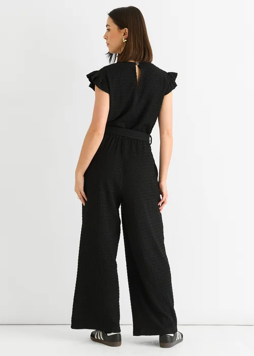 Gini London Black Stretch Texture Frill Elasticated Waist Jumpsuit - M/L Image 3