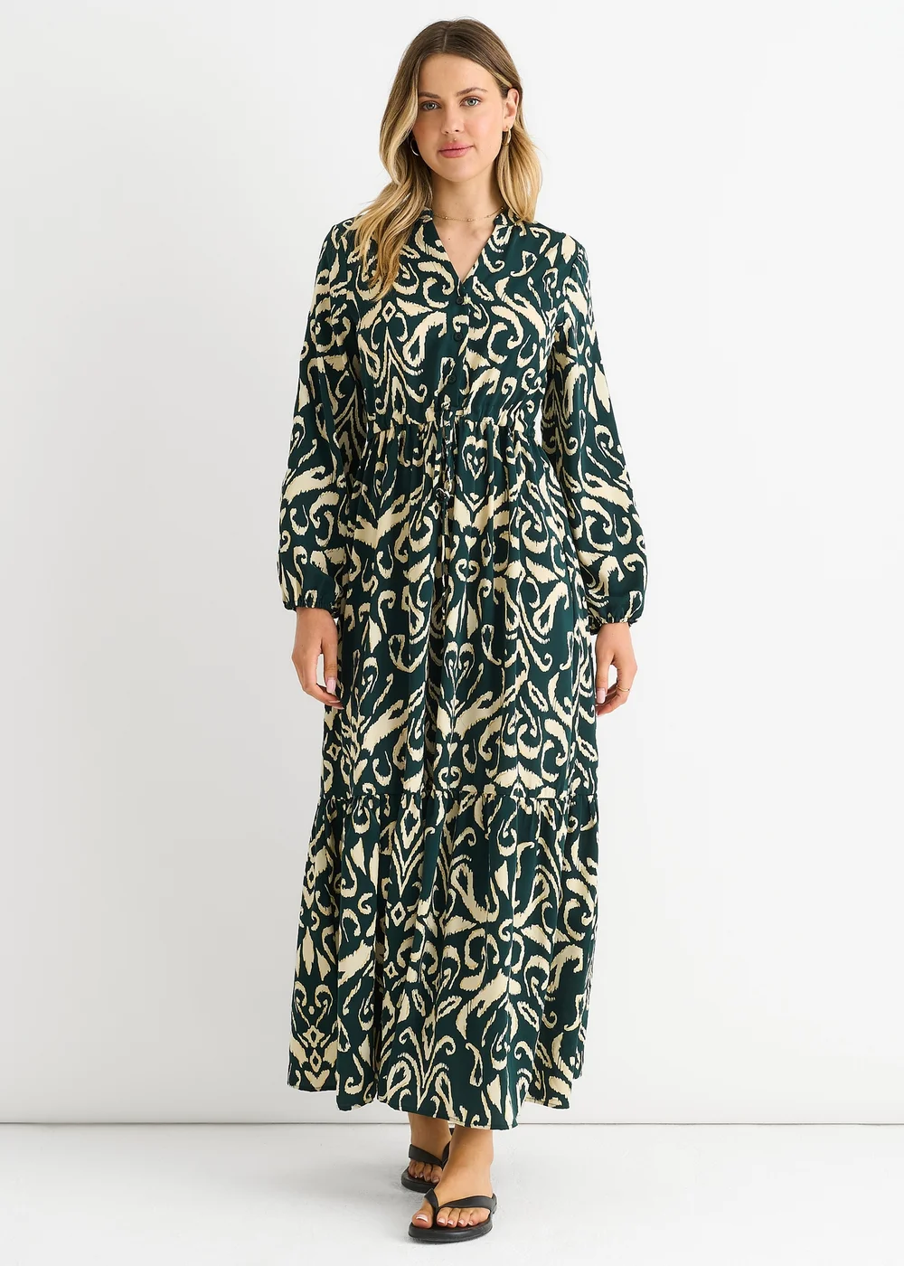 Gini London Green Ikat Print Tie Waist Maxi Dress - M/L Image 1