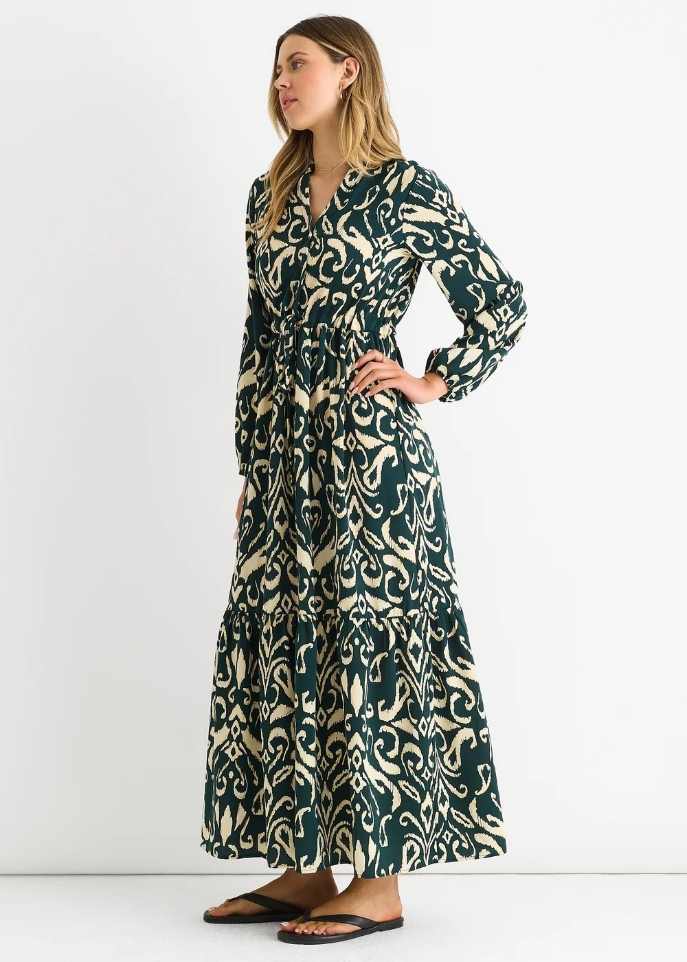 Gini London Green Ikat Print Tie Waist Maxi Dress - L/XL Image 4