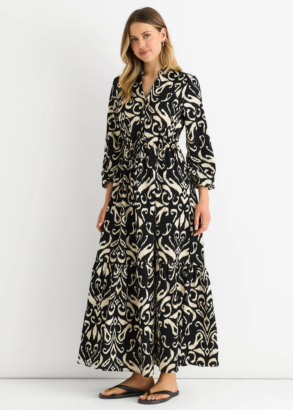 Gini London Black Ikat Print Tie Waist Maxi Dress - S/M Image 1