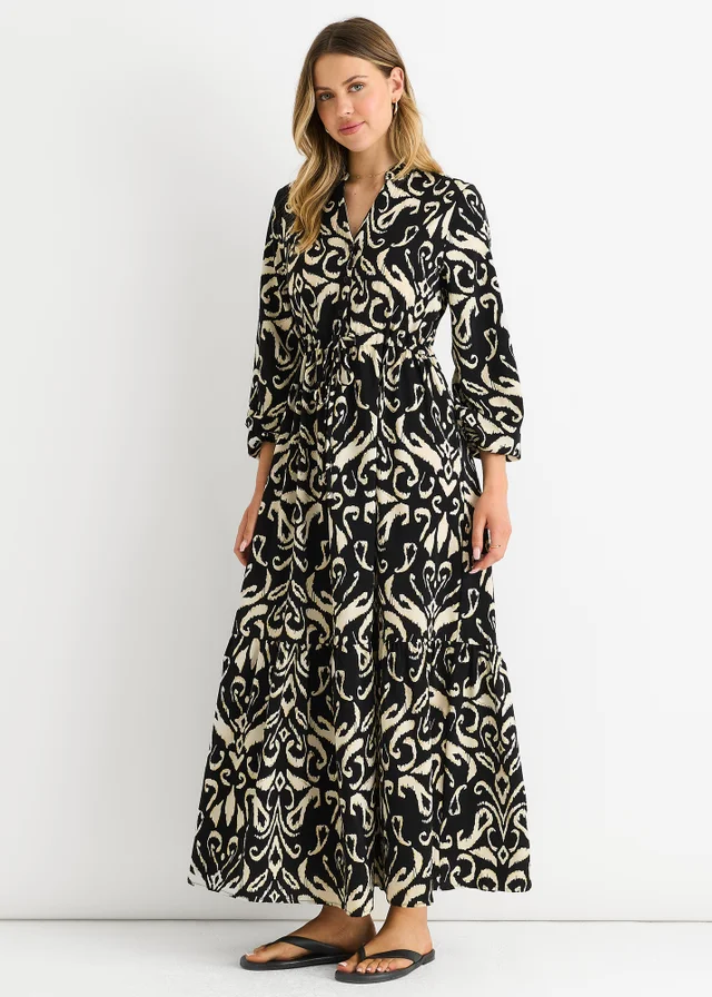 Gini London Black Ikat Print Tie Waist Maxi Dress