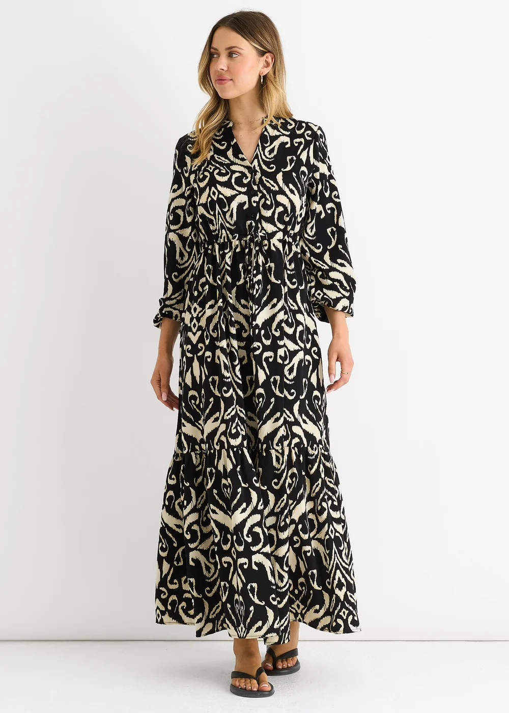 Gini London Black Ikat Print Tie Waist Maxi Dress - S/M Image 4