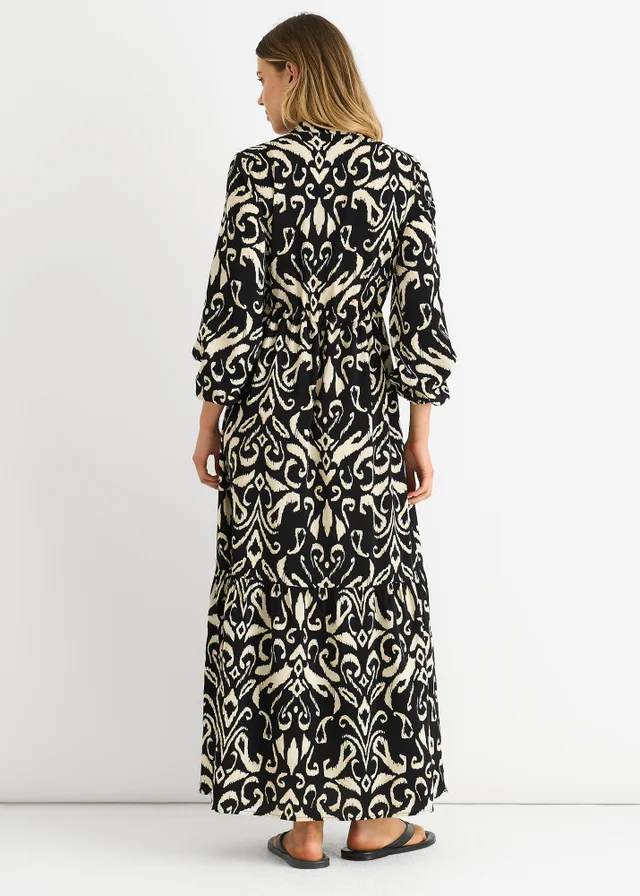 Gini London Black Ikat Print Tie Waist Maxi Dress