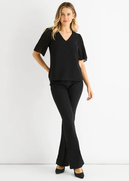 Gini London Black Chiffon Pleat Sleeves V Neck Top - 8 Image 1