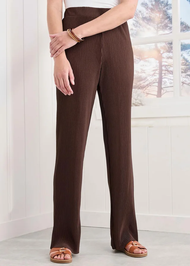 Cotton Traders Chocolate Plisse Jersey Wide Leg Trousers