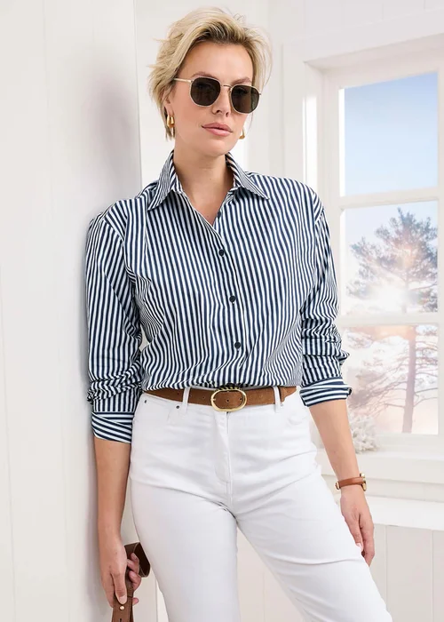 Cotton Traders Navy Long Sleeve Printed Cotton Shirt - Size 20 Image 2