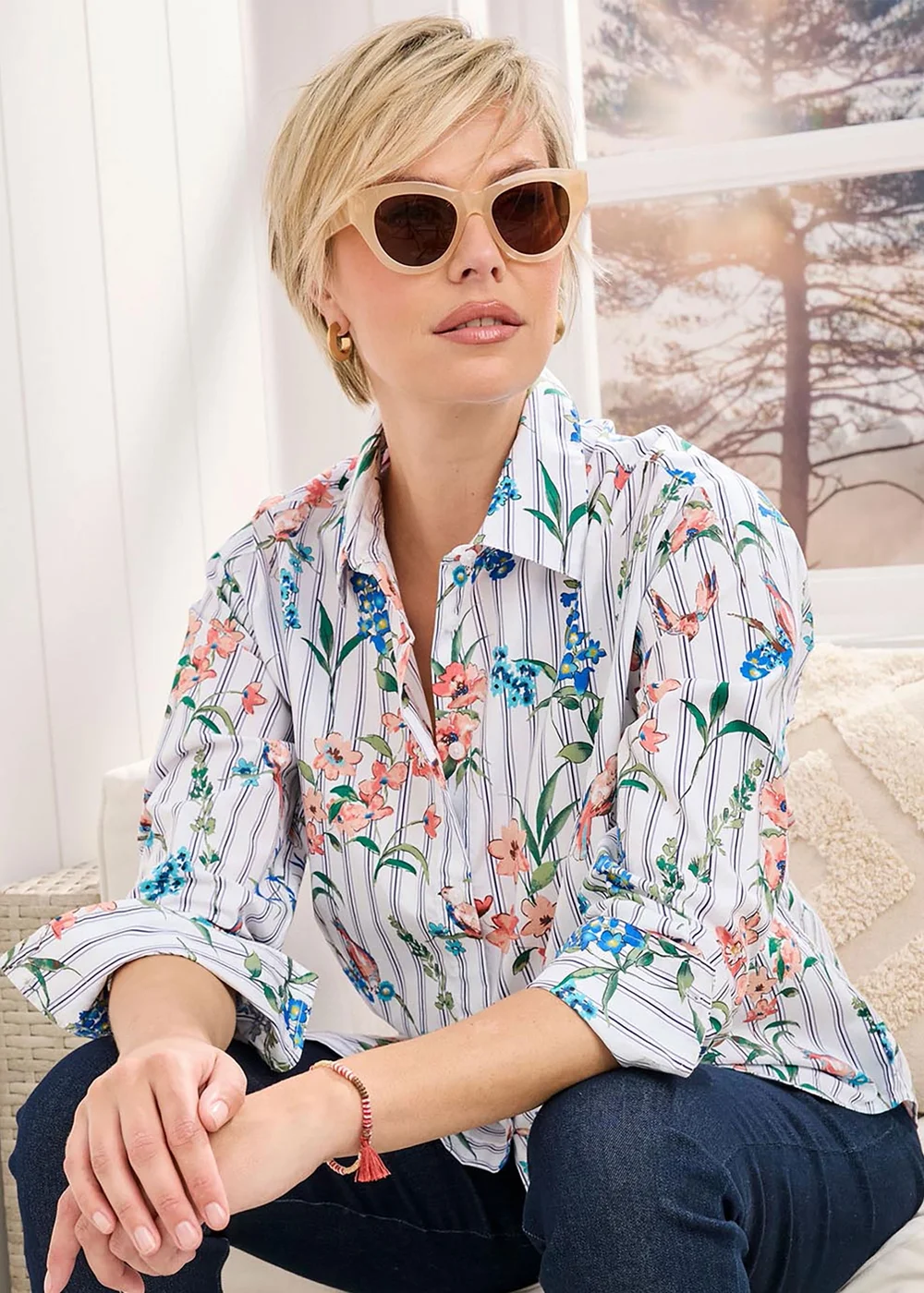 Cotton Traders Ivory Long Sleeve Printed Cotton Shirt - Size 22 Image 1