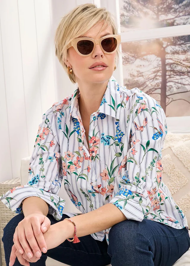 Cotton Traders Ivory Long Sleeve Printed Cotton Shirt