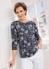 Cotton Traders Navy 3/4 Sleeve Printed Boat Neck Top - Size 14 Image 3
