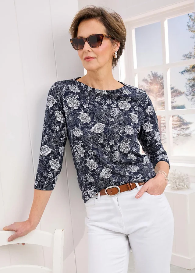 Cotton Traders Navy 3/4 Sleeve Printed Boat Neck Top