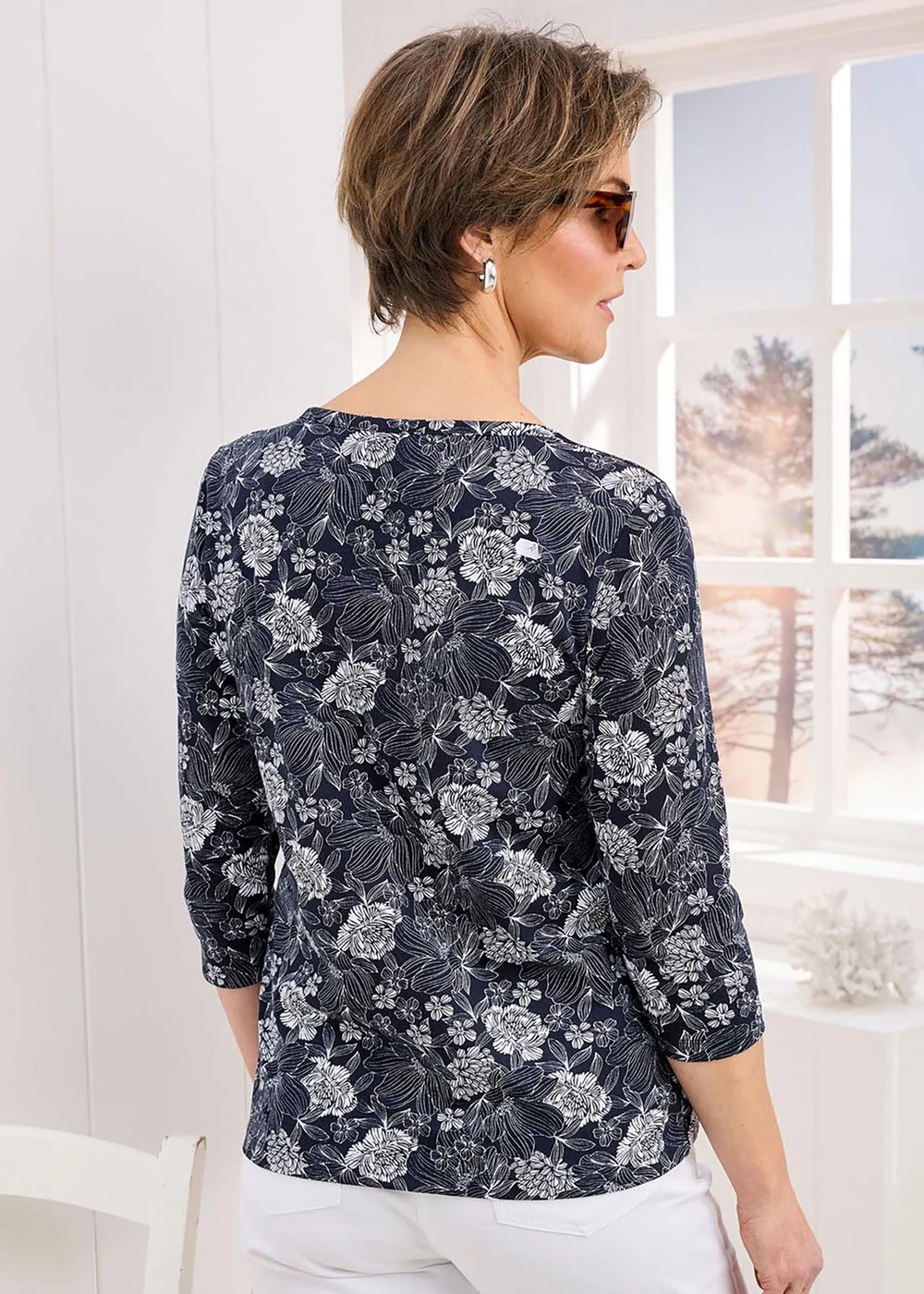 Cotton Traders Navy 3/4 Sleeve Printed Boat Neck Top - Size 14 Image 2