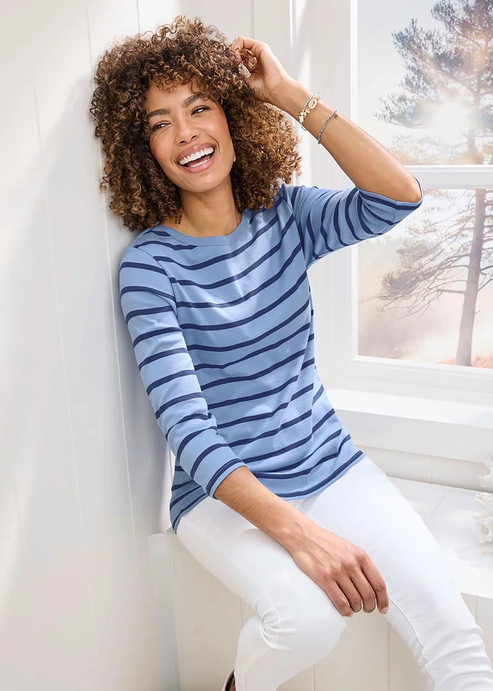 Cotton Traders Sky Blue Wrinkle Free 3/4 Sleeve Boat Neck Top - Size 14 Image 2