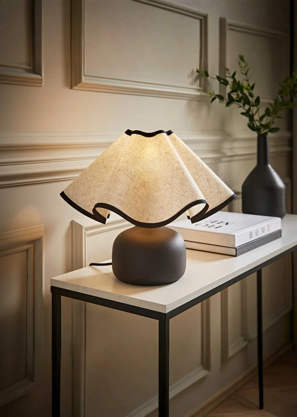 ValueLights Emilia Black Ceramic Table Lamp with Linen Wave Shade - One Size Image 1