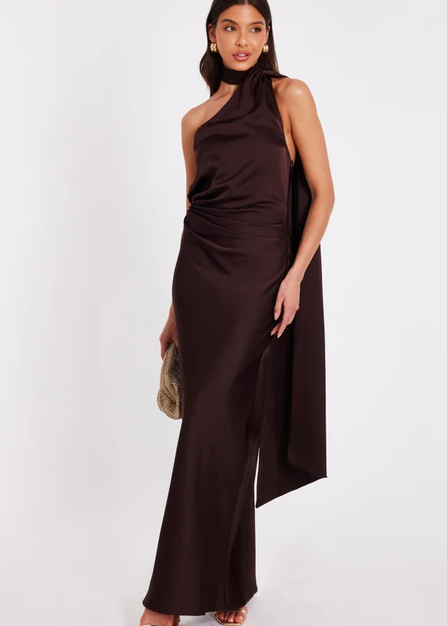Quiz Brown Satin Wrap Neck Maxi Dress