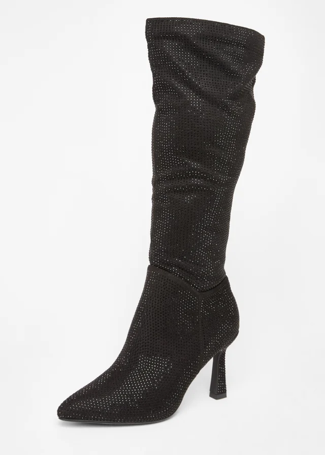 Quiz Black Diamante Knee High Boot