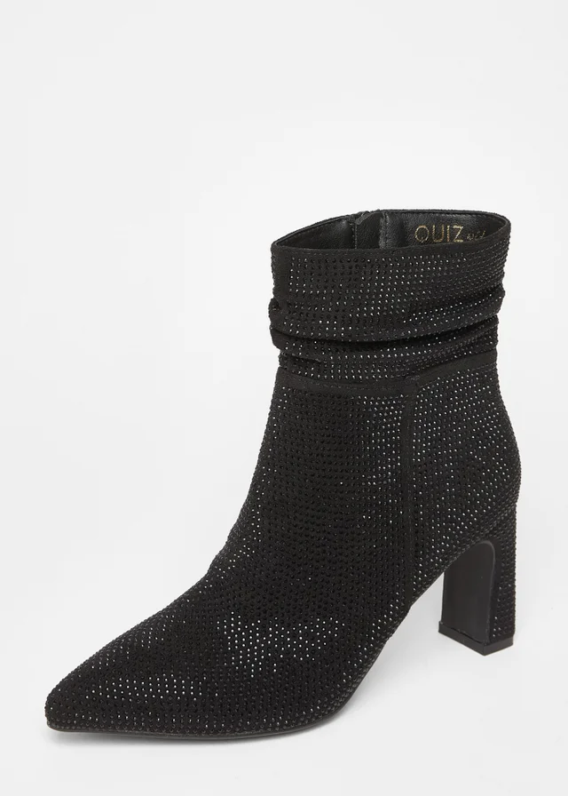 Quiz Black Wide Fit Diamante Heeled Boot