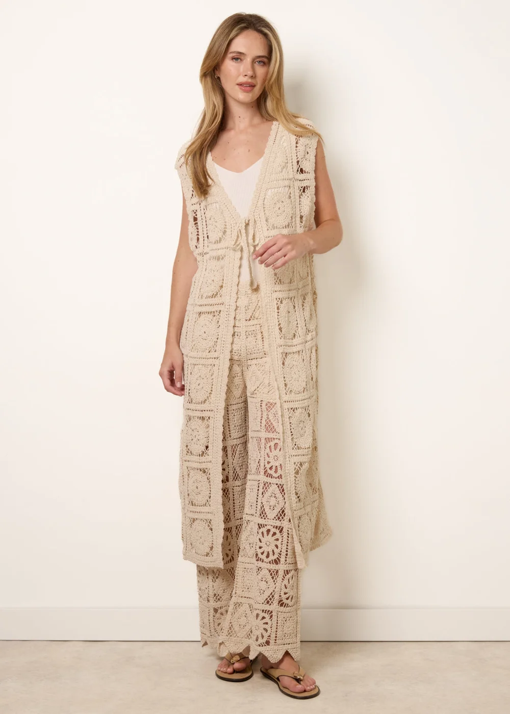 Blue Vanilla Beige Crochet Detailed Tie Front Cardigan - S/M Image 2
