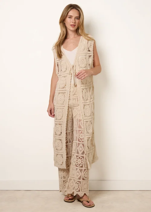 Blue Vanilla Beige Crochet Detailed Tie Front Cardigan - S/M Image 2