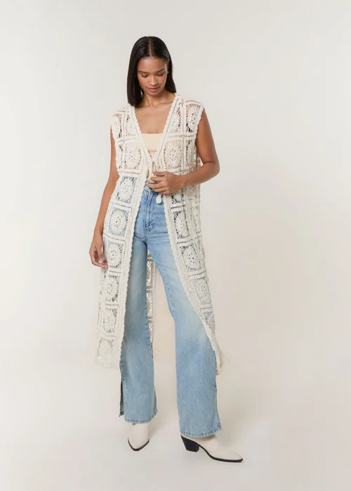 Blue Vanilla Beige Crochet Detailed Tie Front Cardigan - Small/Medium Image 3