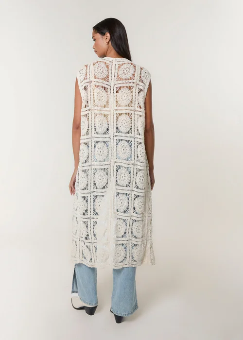 Blue Vanilla Beige Crochet Detailed Tie Front Cardigan - Small/Medium Image 4