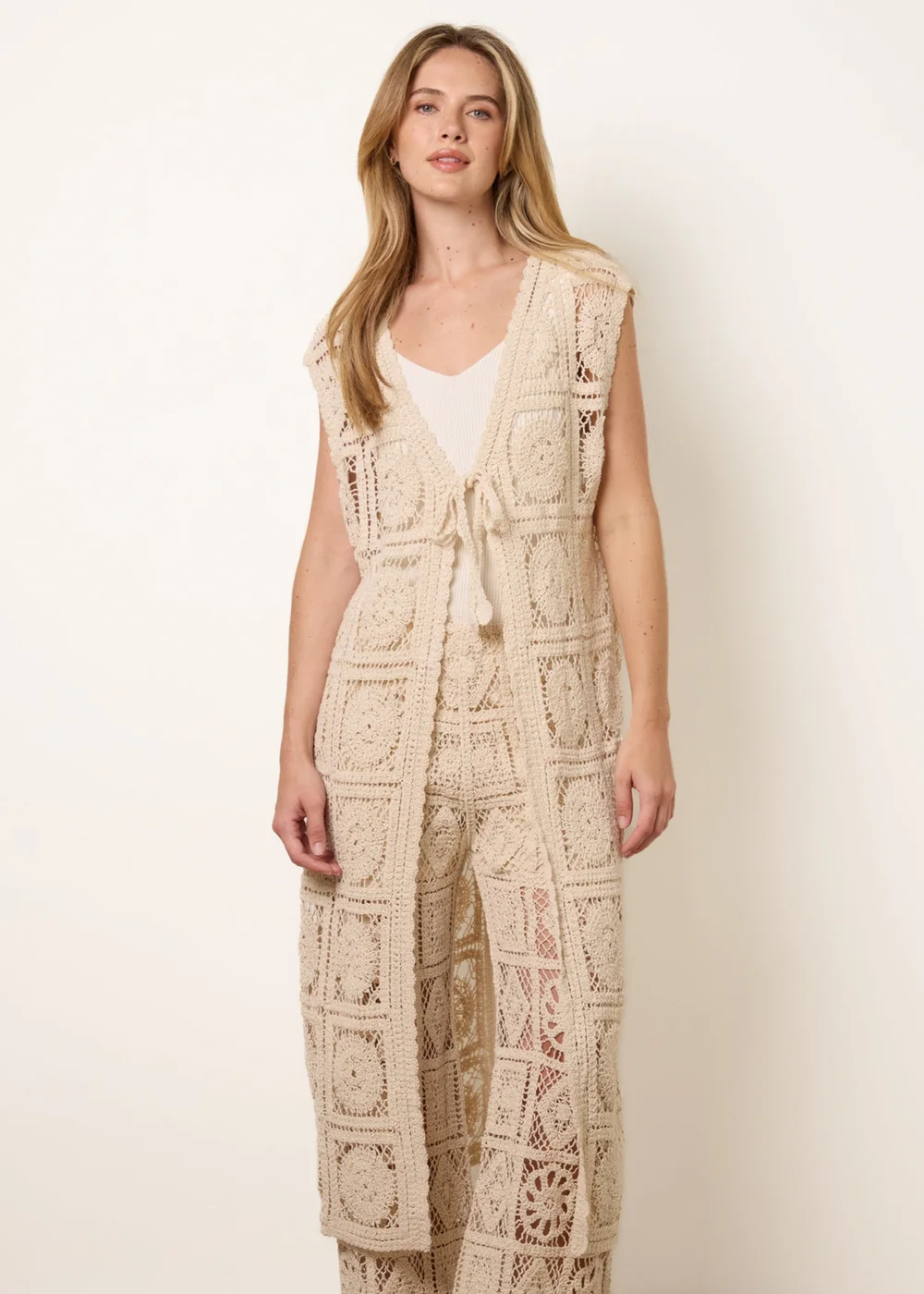 Blue Vanilla Beige Crochet Detailed Tie Front Cardigan - S/M Image 1