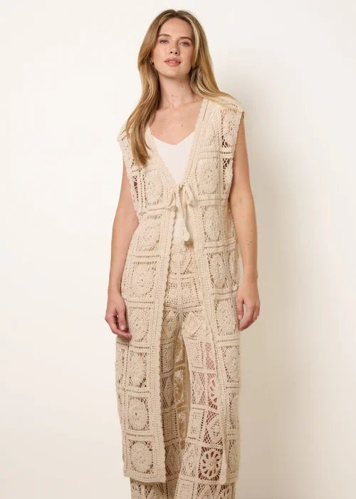 Blue Vanilla Beige Crochet Detailed Tie Front Cardigan - S/M Image 1