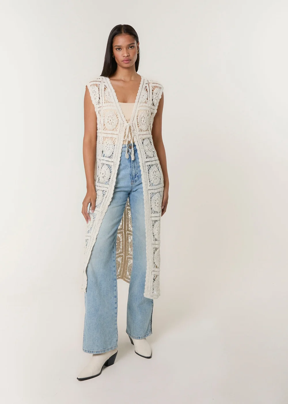 Blue Vanilla Beige Crochet Detailed Tie Front Cardigan - Small/Medium Image 1