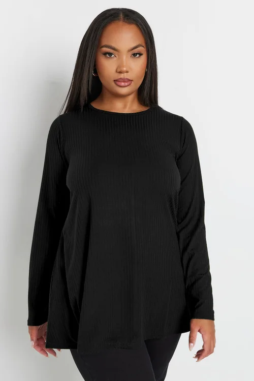 Yours Curve Black Long Sleeve Ribbed Swing Top - Size 20 Clothing Image 1
