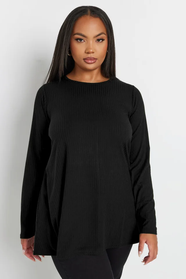 Yours Curve Black Long Sleeve Ribbed Swing Top