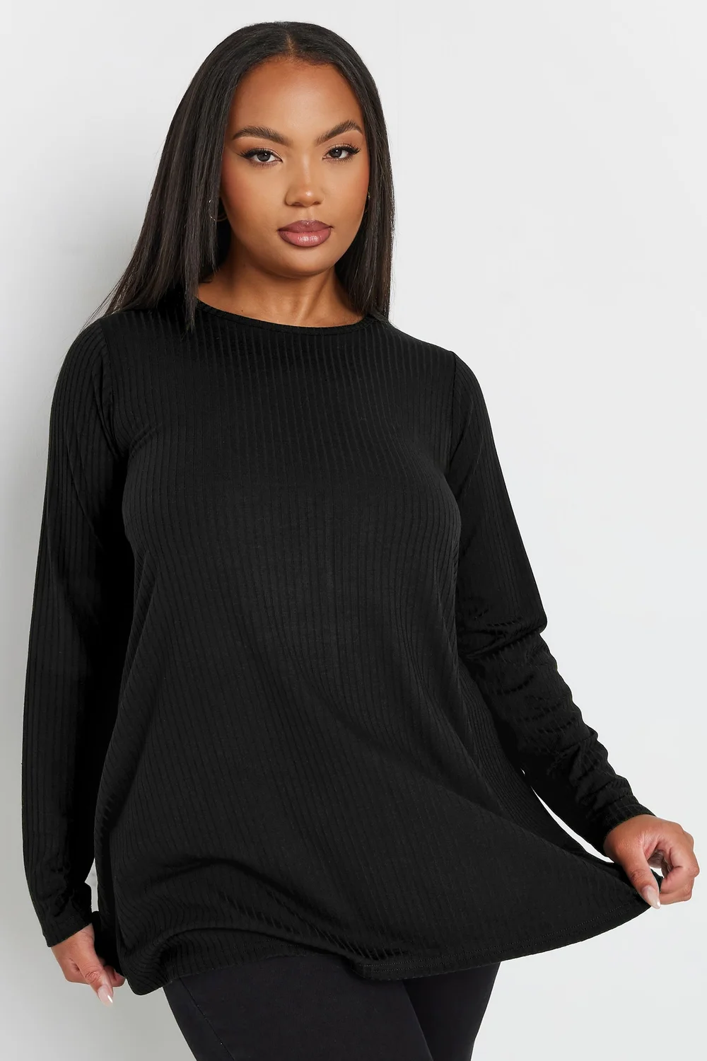 Yours Curve Black Long Sleeve Ribbed Swing Top - Size 20 Clothing Image 2